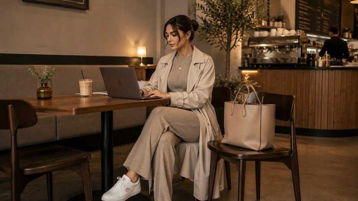 Coordinated knit loungewear outfit styled for coffee shop or coworking space.
