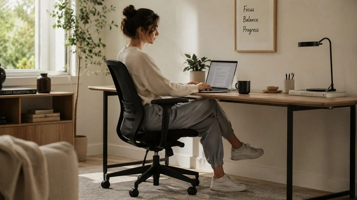 Comfort Dressing and Mental Ease-Why Loungewear Became Everyday Fashion Person working from home in comfortable loungewear in a calm, minimal workspace.