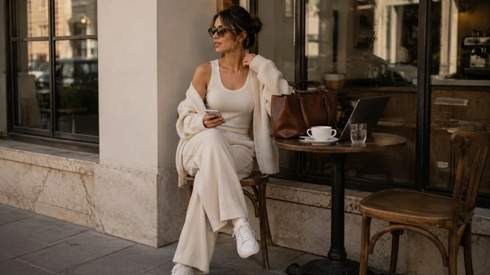 Comfort That Doesn’t Look Careless-Why Loungewear Became Everyday Fashion Stylish loungewear outfit featuring knit pants, fitted top, and cardigan in a café setting.