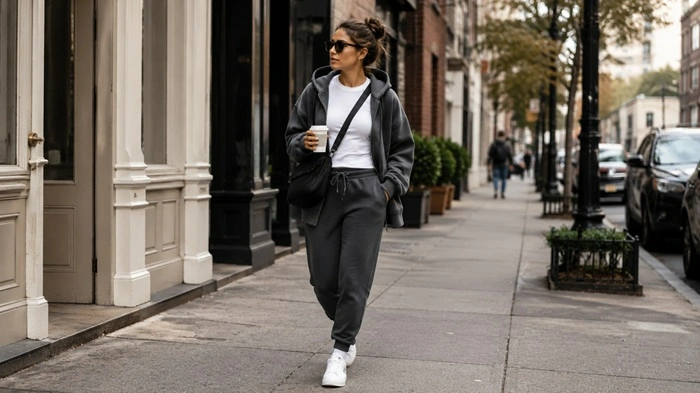 Casual loungewear outfit for errands featuring joggers, hoodie, and sneakers.