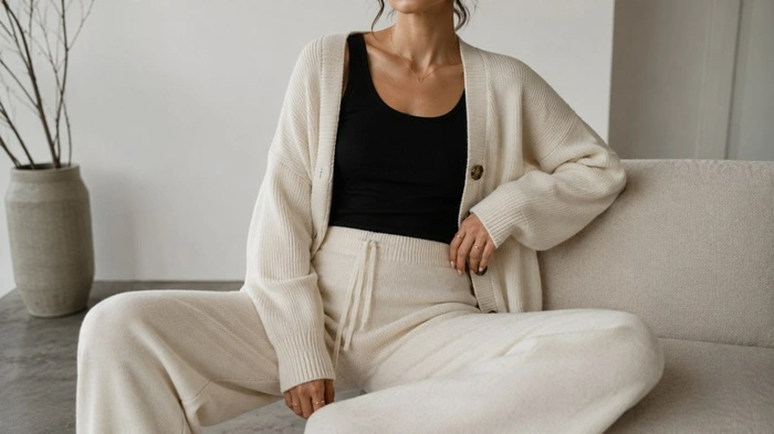 Loungewear outfit styled with fitted top and wide-leg knit pants showing balanced proportions.