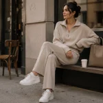 Person wearing neutral loungewear knit set styled with sneakers and tote bag in a minimal urban café setting.