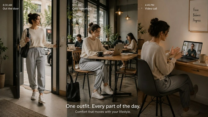 Hybrid Lifestyles Changed Clothing Expectations-Why Loungewear Became Everyday Fashion Person wearing loungewear across home, café, and coworking environments in a single day.