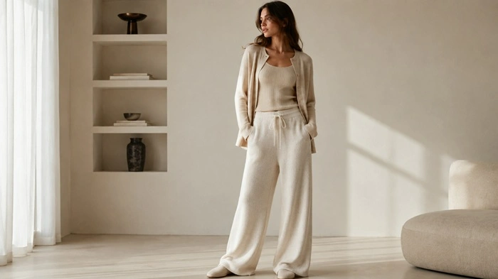 Model wearing layered neutral-toned loungewear with balanced proportions and visible knit textures.