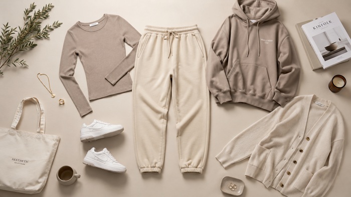 Anchoring loungewear piece with supporting items arranged to show outfit structure.