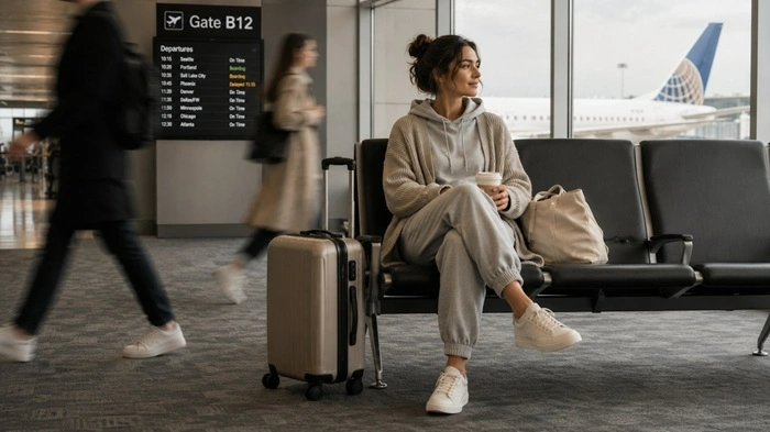 Travel and Mobility-Why Loungewear Became Everyday Fashion Traveler in comfortable loungewear sitting at an airport gate with luggage.