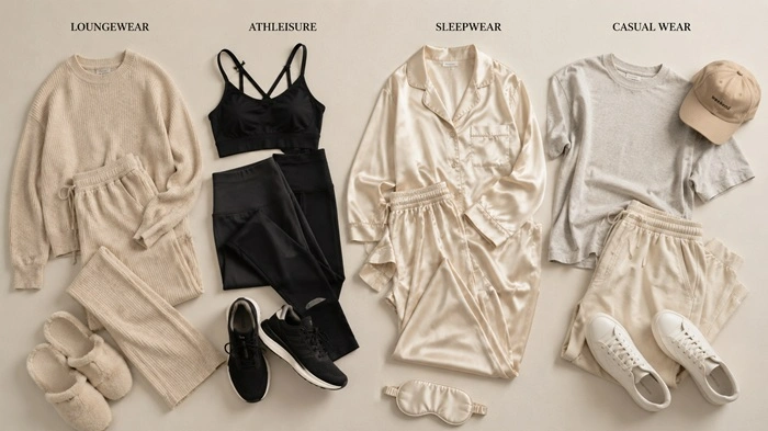 What Counts as Loungewear Today-Why Loungewear Became Everyday Fashion Comparison of loungewear, athleisure, and sleepwear laid out in neutral tones on a flat surface.