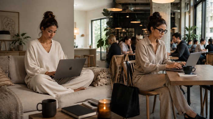Why Loungewear Became a Permanent Fashion Category-Why Loungewear Became Everyday Fashion Split scene showing hybrid work lifestyle with loungewear worn at home and in a coworking space.